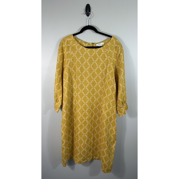 Boden Dress Womens US 18L Yellow White Geometric Linen Pineapple Print Midi Read - Picture 1 of 15